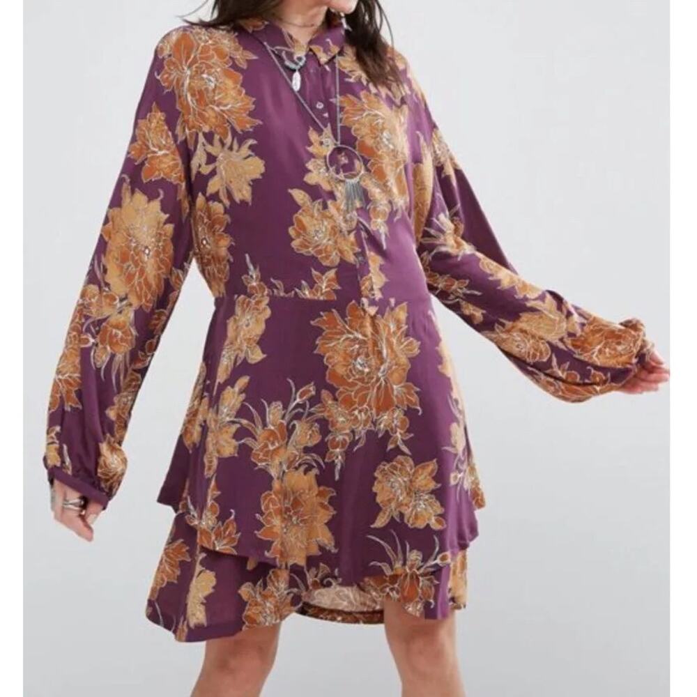 Free People Shake It Floral Printed Mini Dress Berry Combo Sz Small Boho EUC - Picture 2 of 11